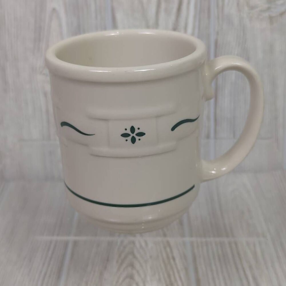 Longaberger Pottery Retired Dark Green White Woven Traditions Coffee Mug Cup